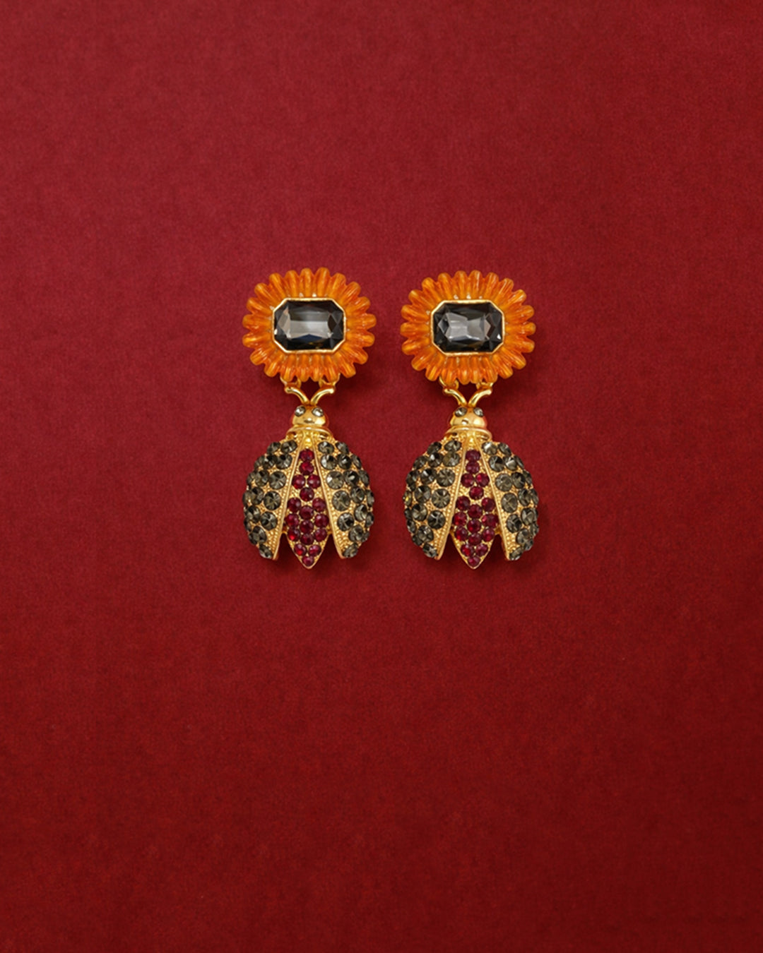 Golden Bloom Ladybug Statement Earrings