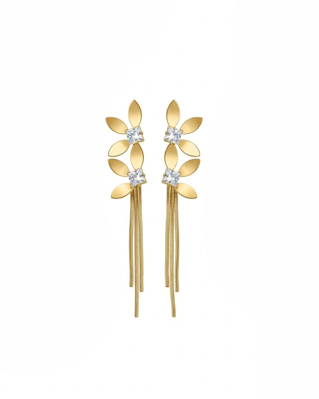 Golden Leaf Crystal Tassel Earrings