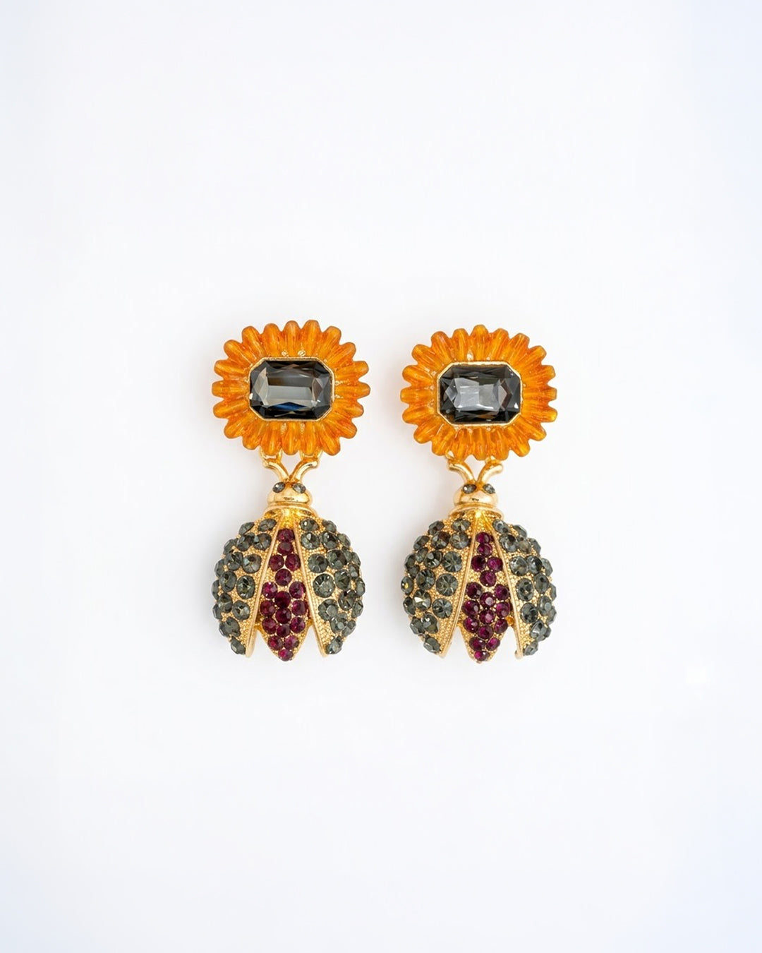 Golden Bloom Ladybug Statement Earrings