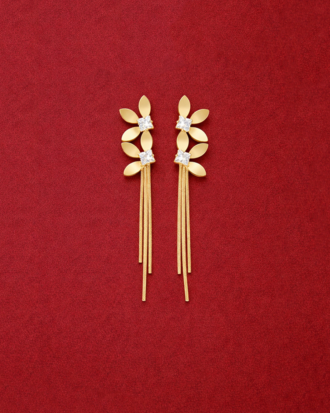 Golden Leaf Crystal Tassel Earrings
